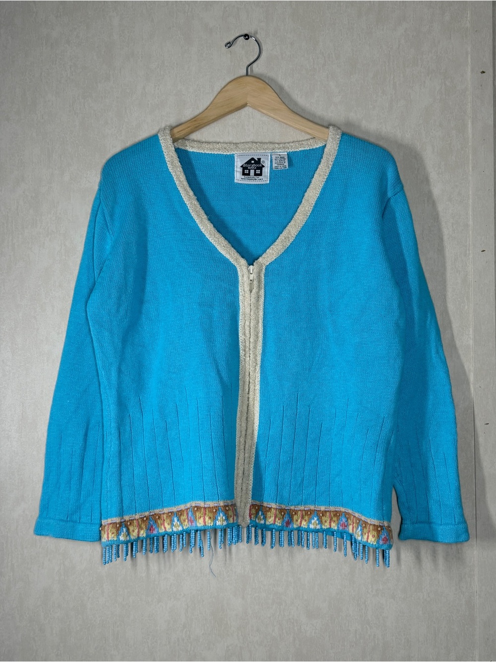 Storybook Knit Women’s Ramie Cotton Front Zip Cardigan Sweater Fringe in Blue L